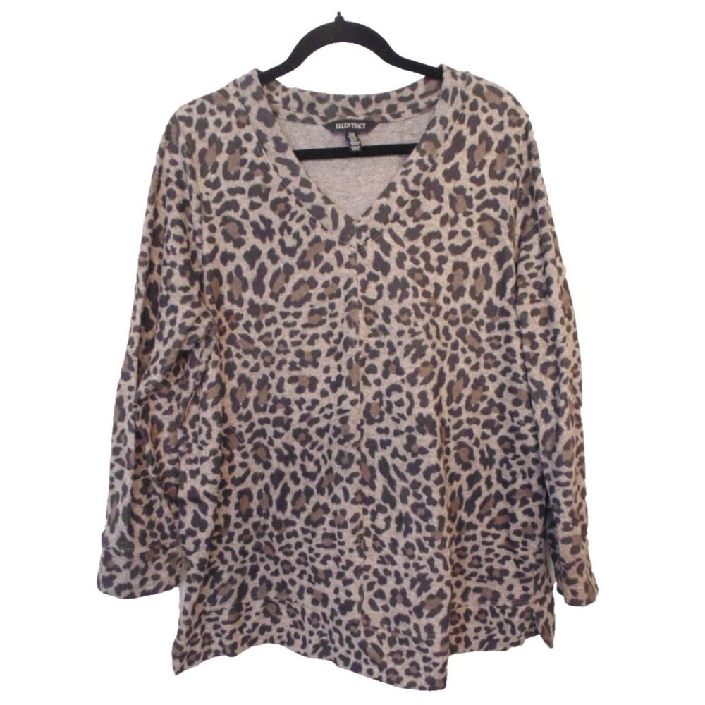 Ellen Tracy Sweater Womens Sz XL Cheetah Animal Print Top V-Neck Gray Pockets